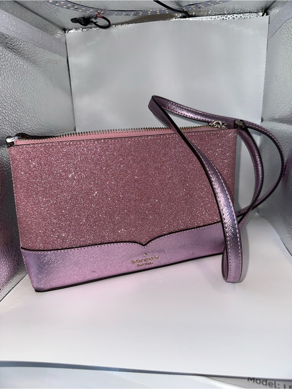 kate spade Lola Rose Pink Glitter Crossbody with Metallic Trim